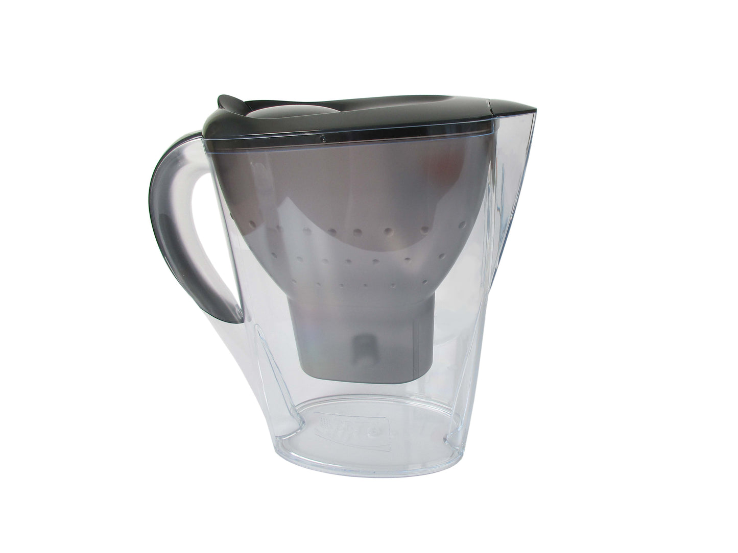 A Brita clear plastic water filter pitcher with a inner filter cone, and dark grey handle and lid, shown on a plain white background.