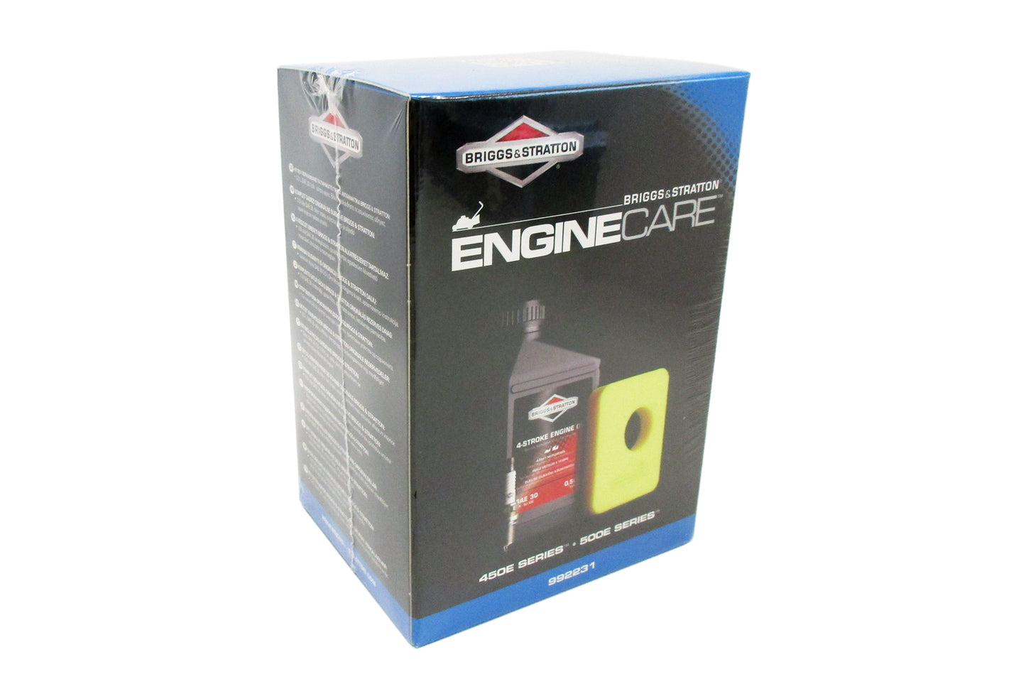 Bridges-Stratton Engine Care 992231 engine oil filter kit retail box, showing the black and blue packaging with product imagery of the bottle and filter on a white background.