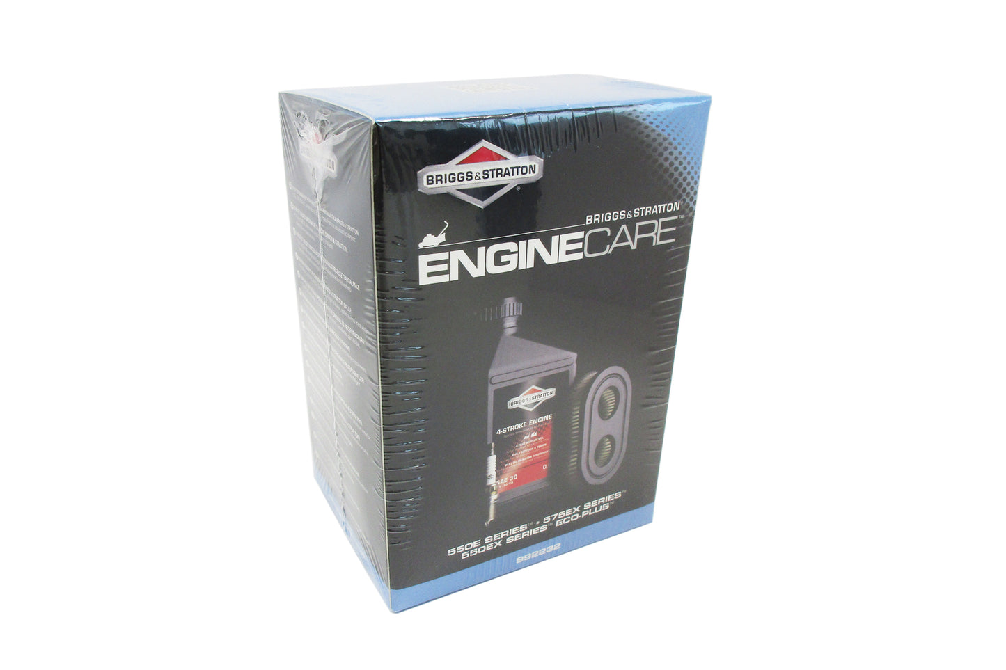 Bridges & Stratton Engine Care 992232 engine oil filter kit retail box, showing the black and blue packaging with product imagery of the bottle and filter on a white background.