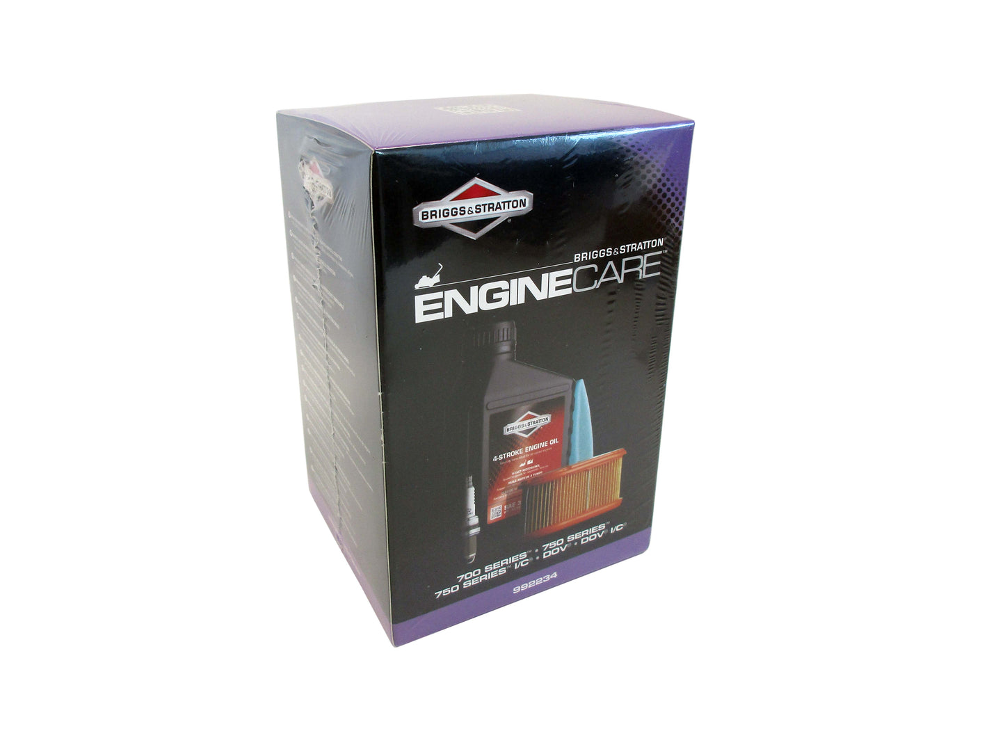 Briggs & Stratton Engine Care kit, with 4-stroke engine oil bottle and air filter, in its original retail packaging, shown on a plain white background.
