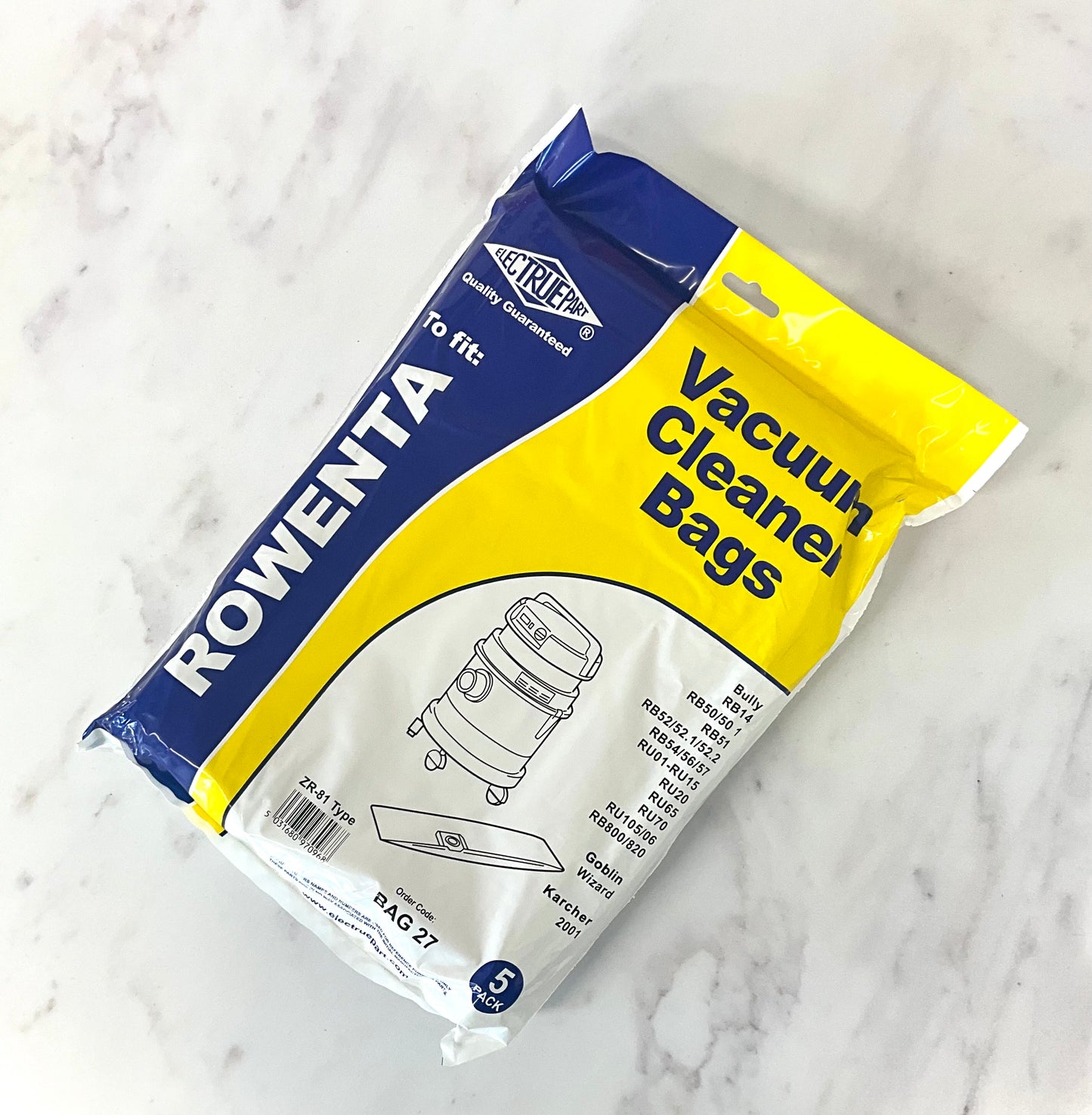 A package of aftermarket Rowenta Vacuum Cleaner Bags, size BAG 21, featuring blue and yellow packaging on a white marble surface.