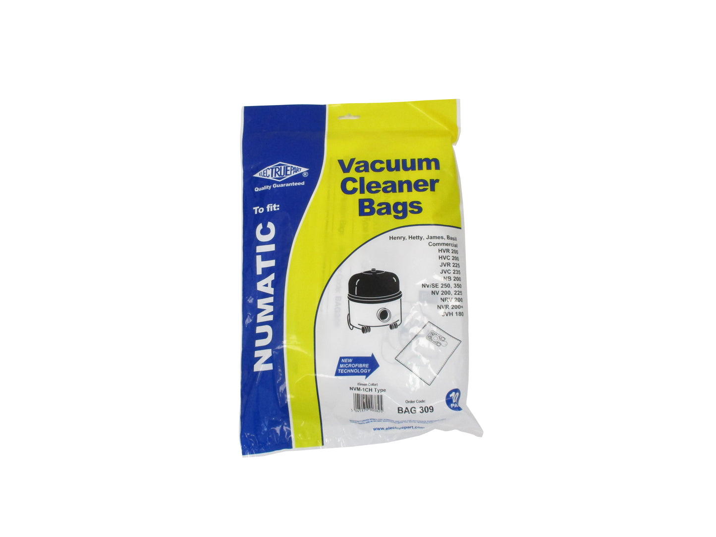 A package of aftermarket Numatic Vacuum Cleaner Bags, size BAG 309, featuring blue and yellow packaging on a white background.