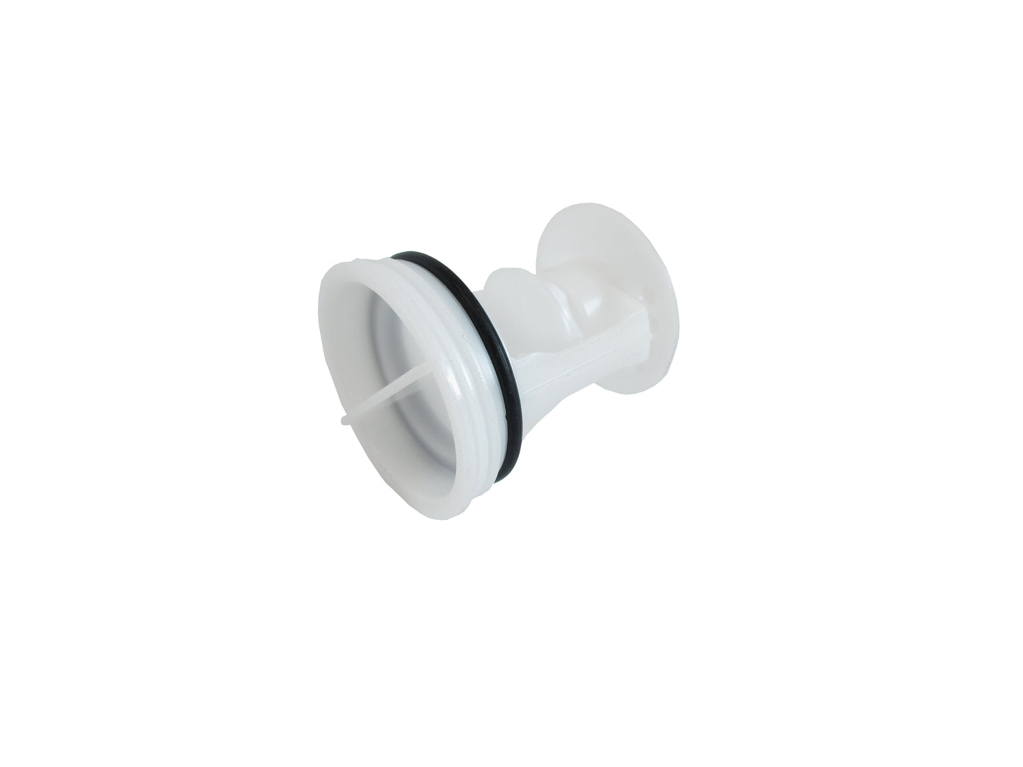 A white plastic washing machine pump filter, with a black rubber O-ring, shown on a plain white background.