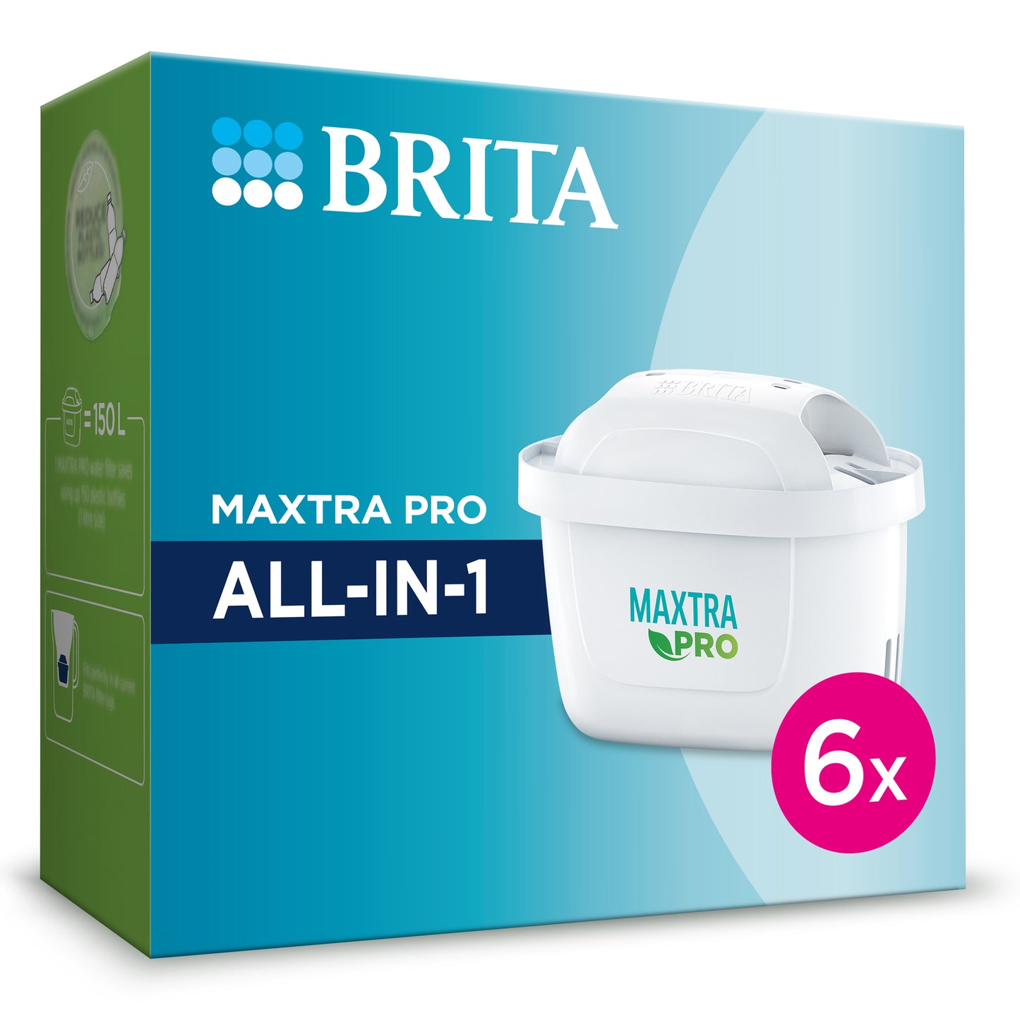 BRITA Maxtra Pro All-In-1 filter cartridge box, showing a white 6-pack of filters on a blue and green retail package.