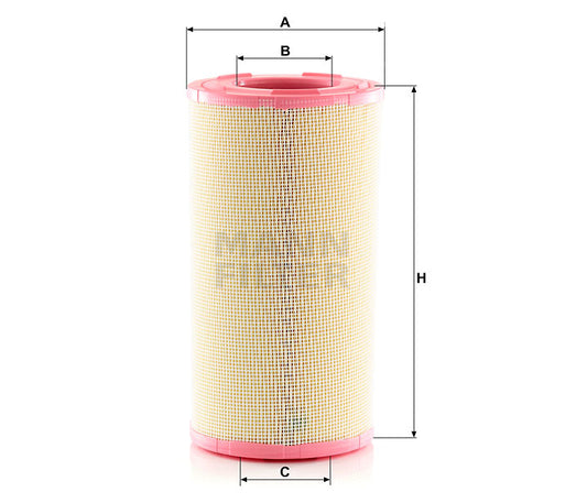 A cylindrical air filter with pink PU end caps and measurement annotations showing dimensions A, B, C, and H on a white background.