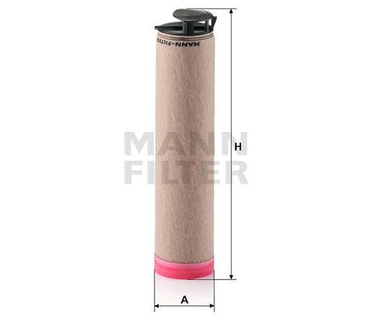 MANN FILTER cylindrical filter element with dimensions on a white background