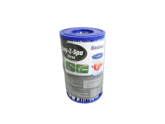 A Bestway Lay-Z-Spa water filter cartridge, with blue ends and a grey and white label, shown on a plain white background.