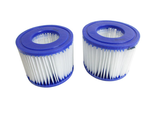 Two replacement pleated Lay-Z-Spa water filters, with blue PU tops and white pleated bodies, shown on a plain white background.