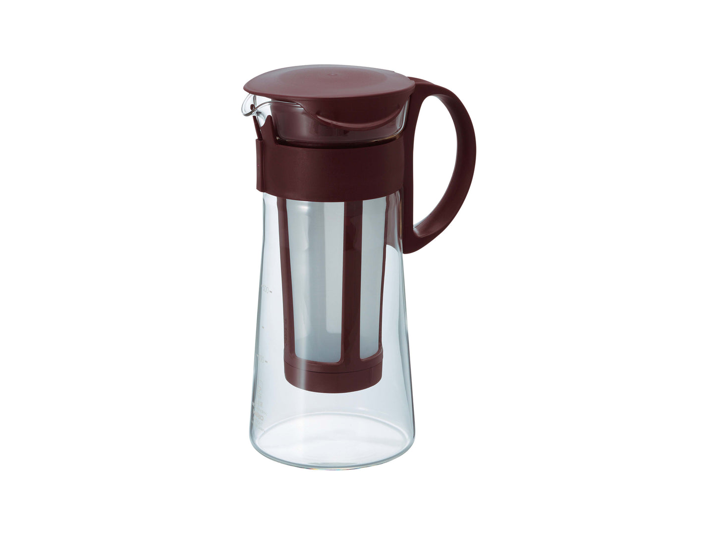 A clear glass cold brew coffee pitcher with a dark reddish-brown plastic lid, handle, and filter insert, shown on a plain white background.