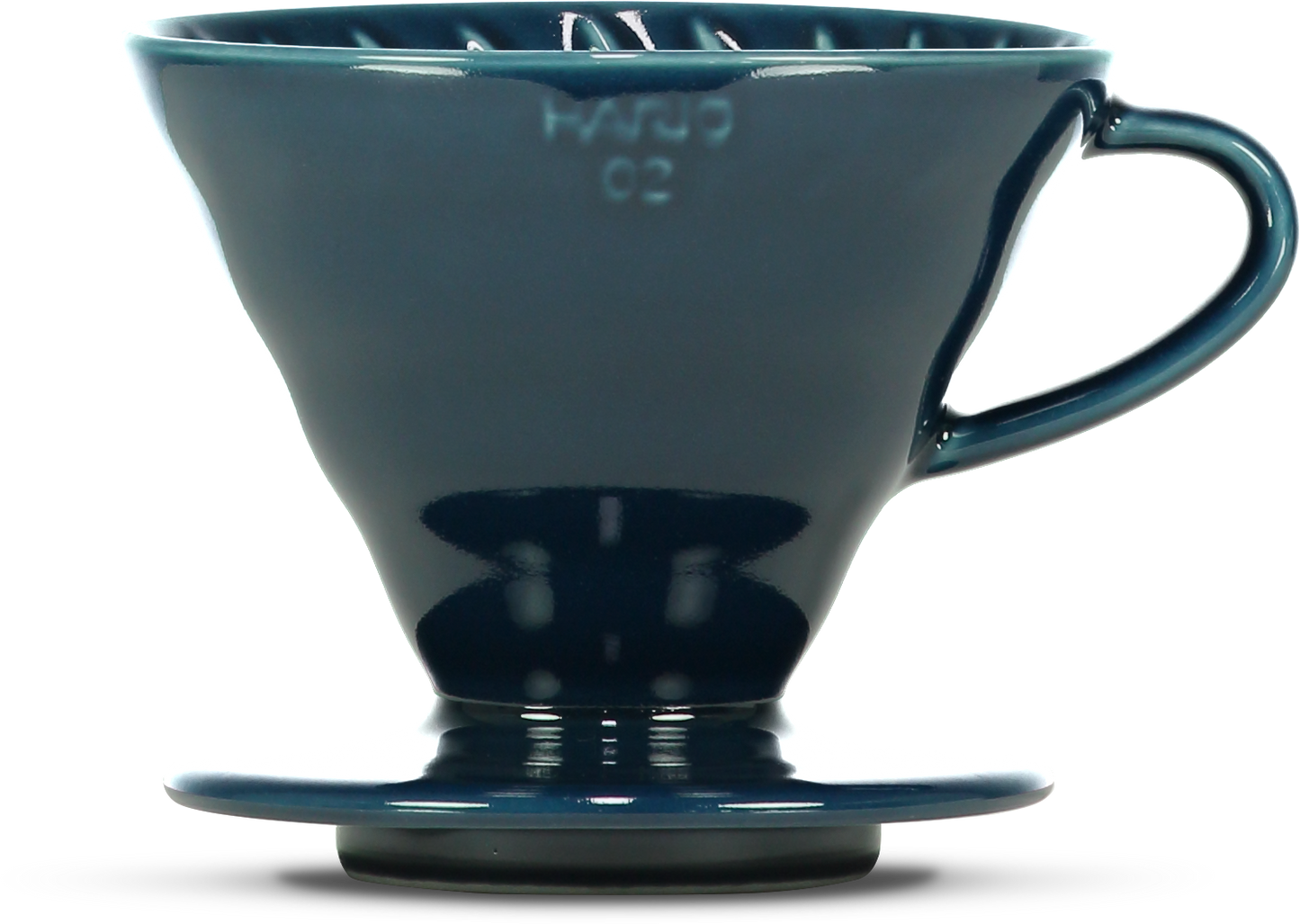A Indigo ceramic pour-over coffee dripper, featuring the embossed brand name 'HARIO 02' on the front, set against a plain white background.