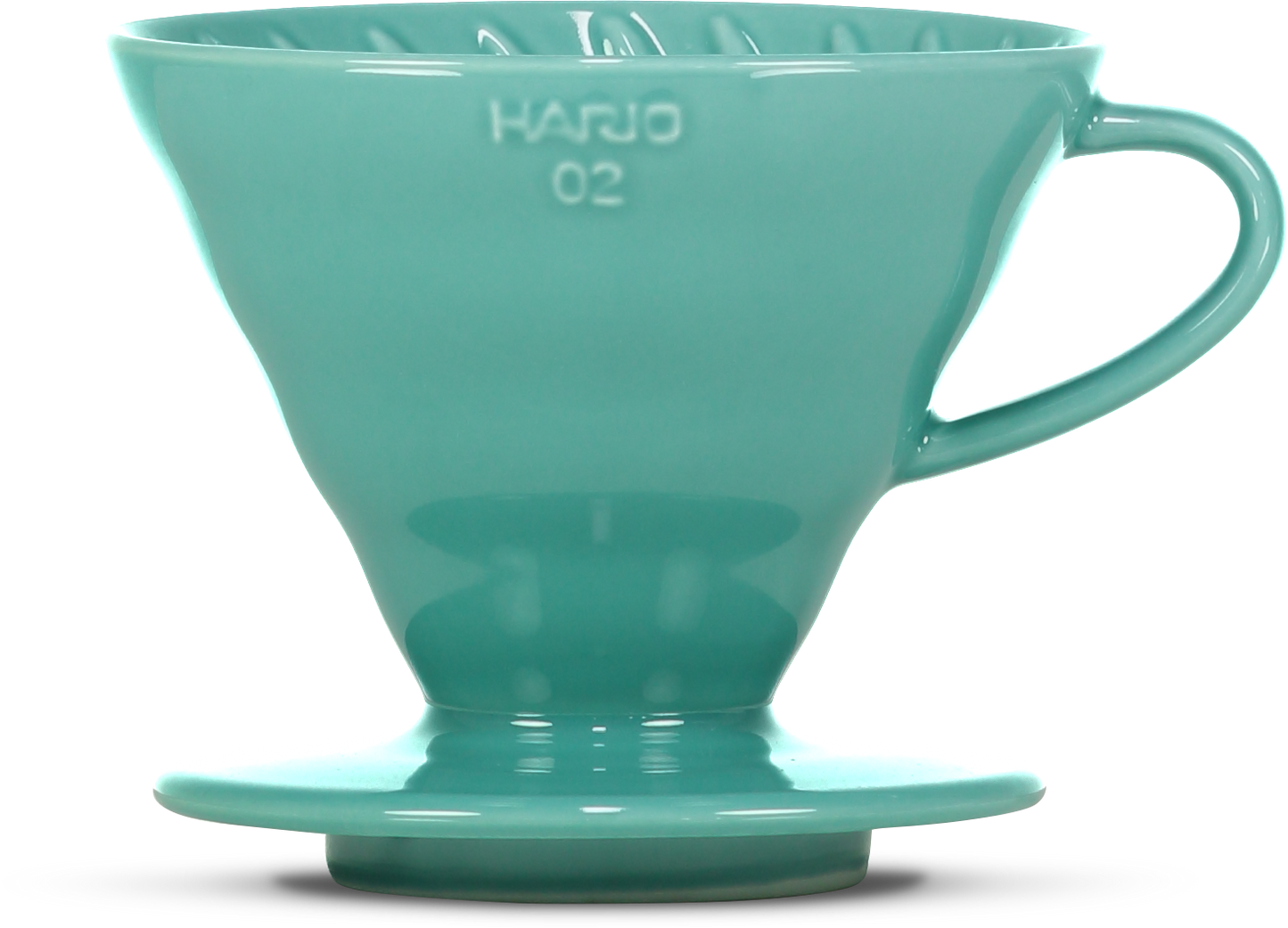 A light green ceramic pour-over coffee dripper, featuring the embossed brand name 'HARIO 02' on the front, set against a plain white background.