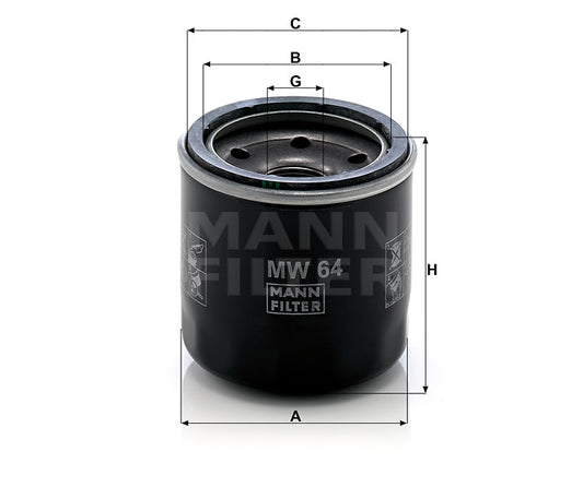 A black cylindrical Mann Filter MW 64 oil filter with, dimension callouts A, B, C, G, H, shown on a white background.
