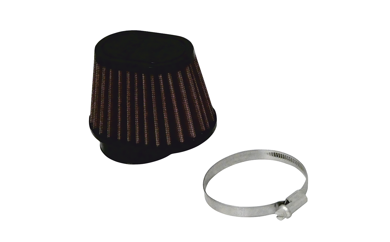 A black cone air filter with a pleated body, and a separate grey metal clamp, shown on a plain white background.