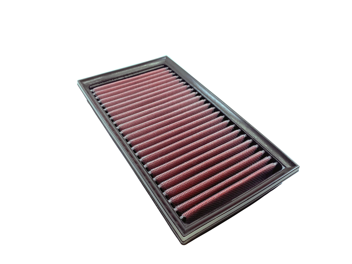 A rectangular pleated air filter with a black PU frame, shown at an angle on a solid white background.