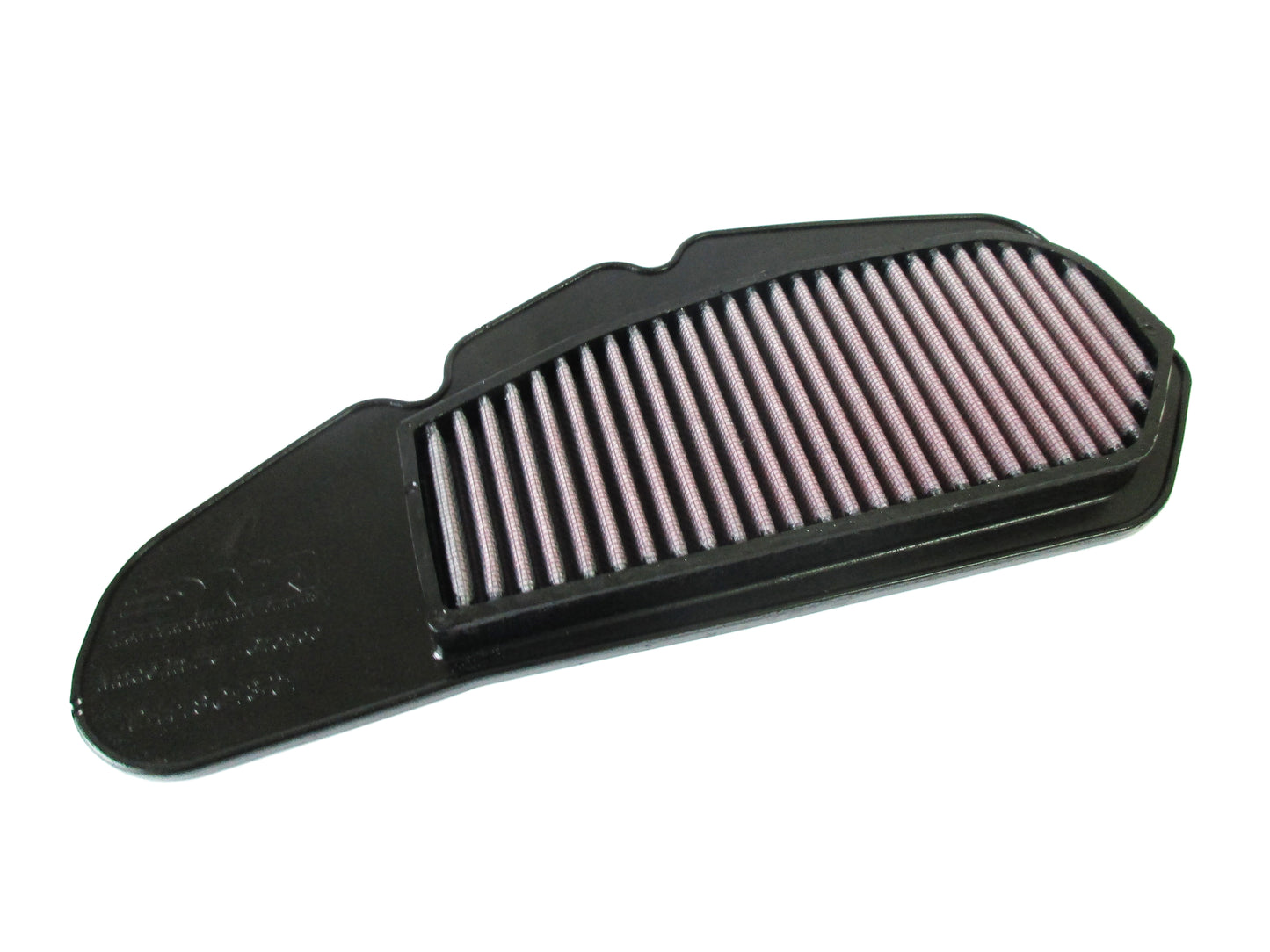 A black motorcycle air filter, with pleated filter media, shown on a plain white background.
