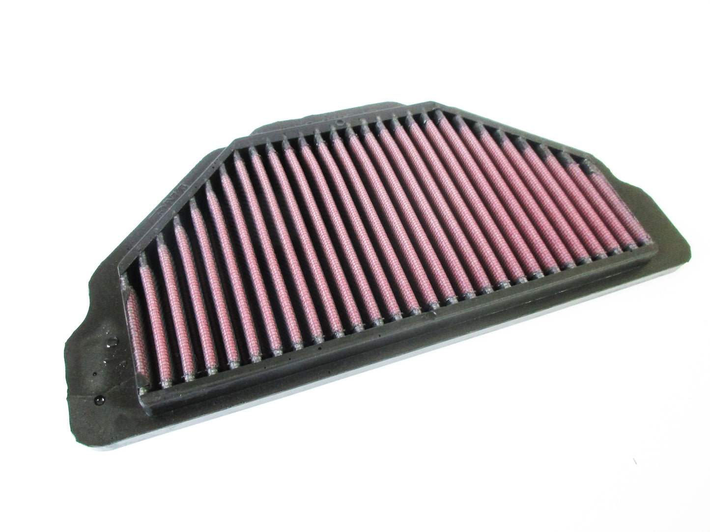 A motorcycle air filter with pleated media and a black PU frame, shown on a plain white background.