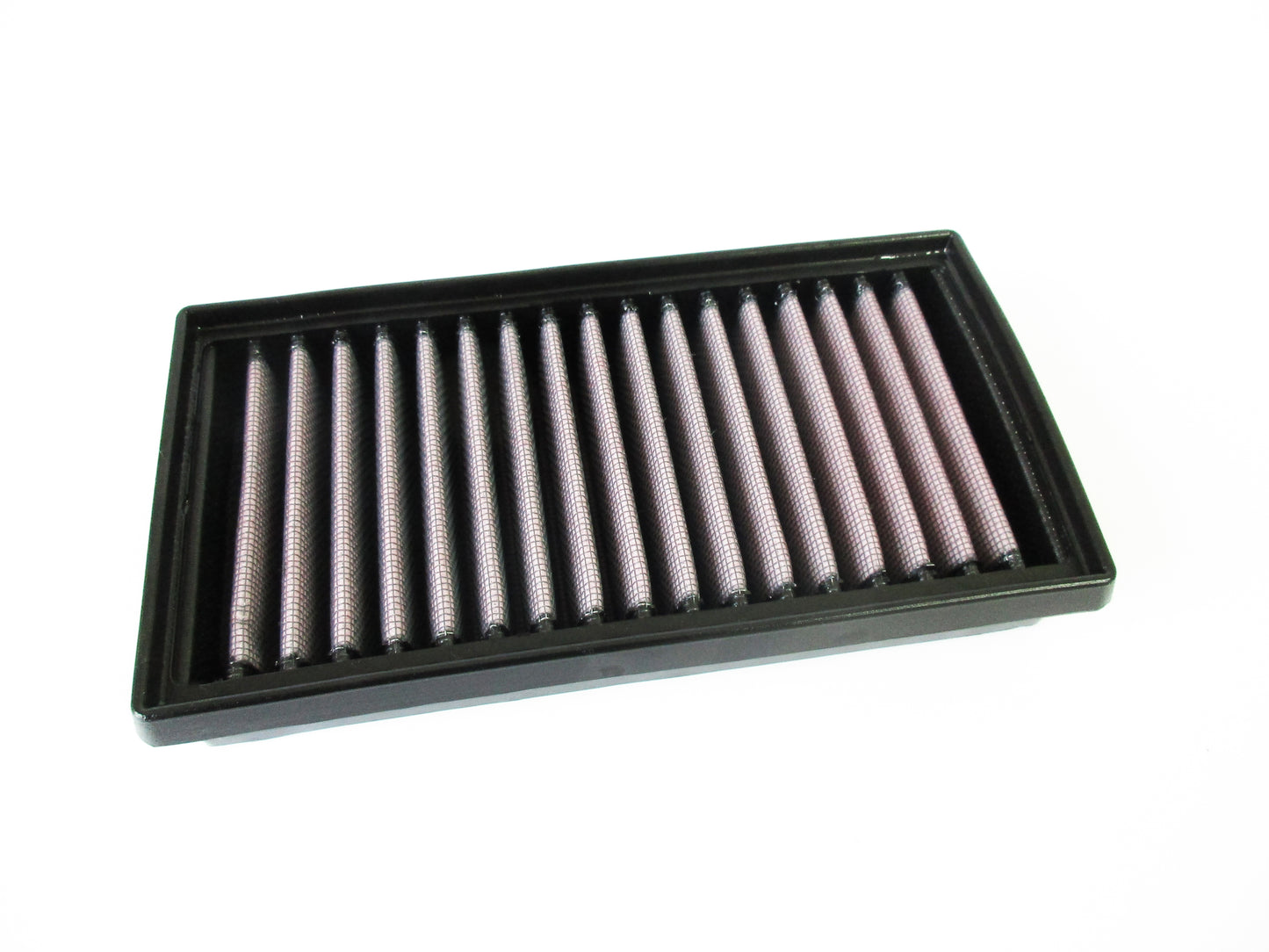 A rectangular motorcycle air filter with pleated filter media, shown on a plain white background.