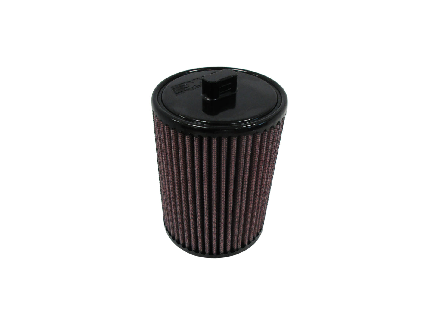 A cylindrical motorcycle air filter with a pleated red media, a black PU top cap, shown on a plain white background.