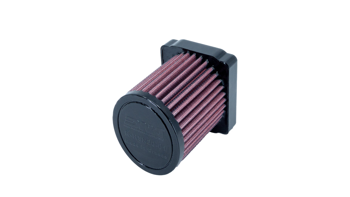 A high performance air filter with a black PU top and square base, and pleated red media, shown on a solid white background.