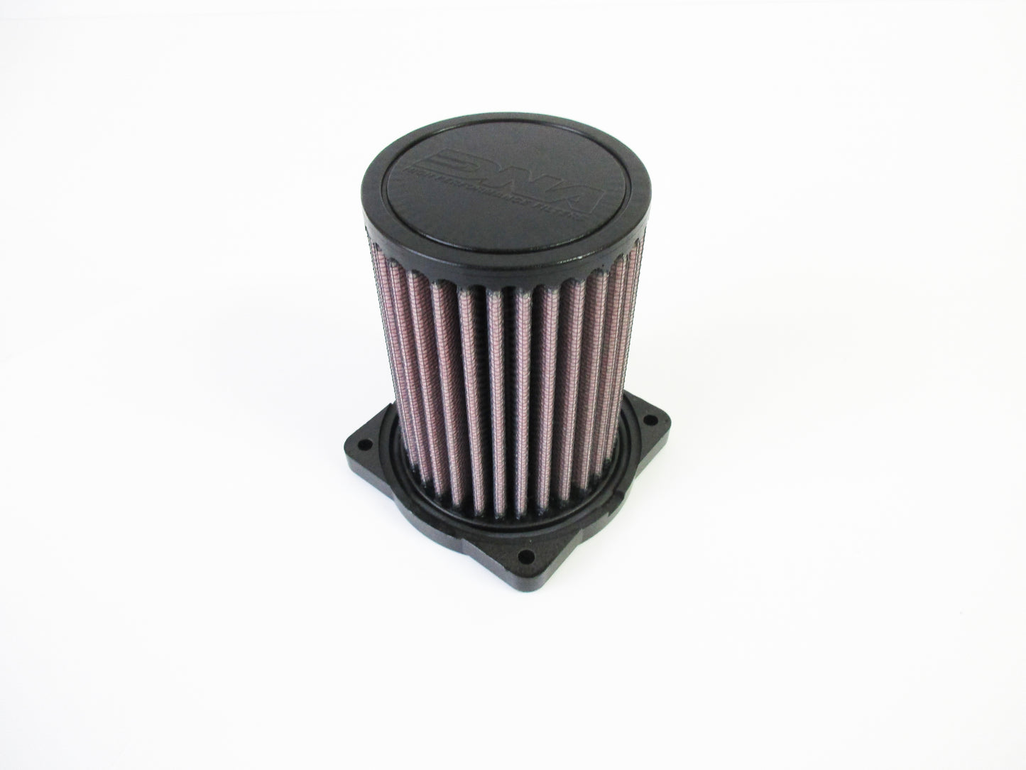 A cylindrical Motorcycle air filter with a black top cap and square base, featuring pleated filter media, shown on a plain white background.