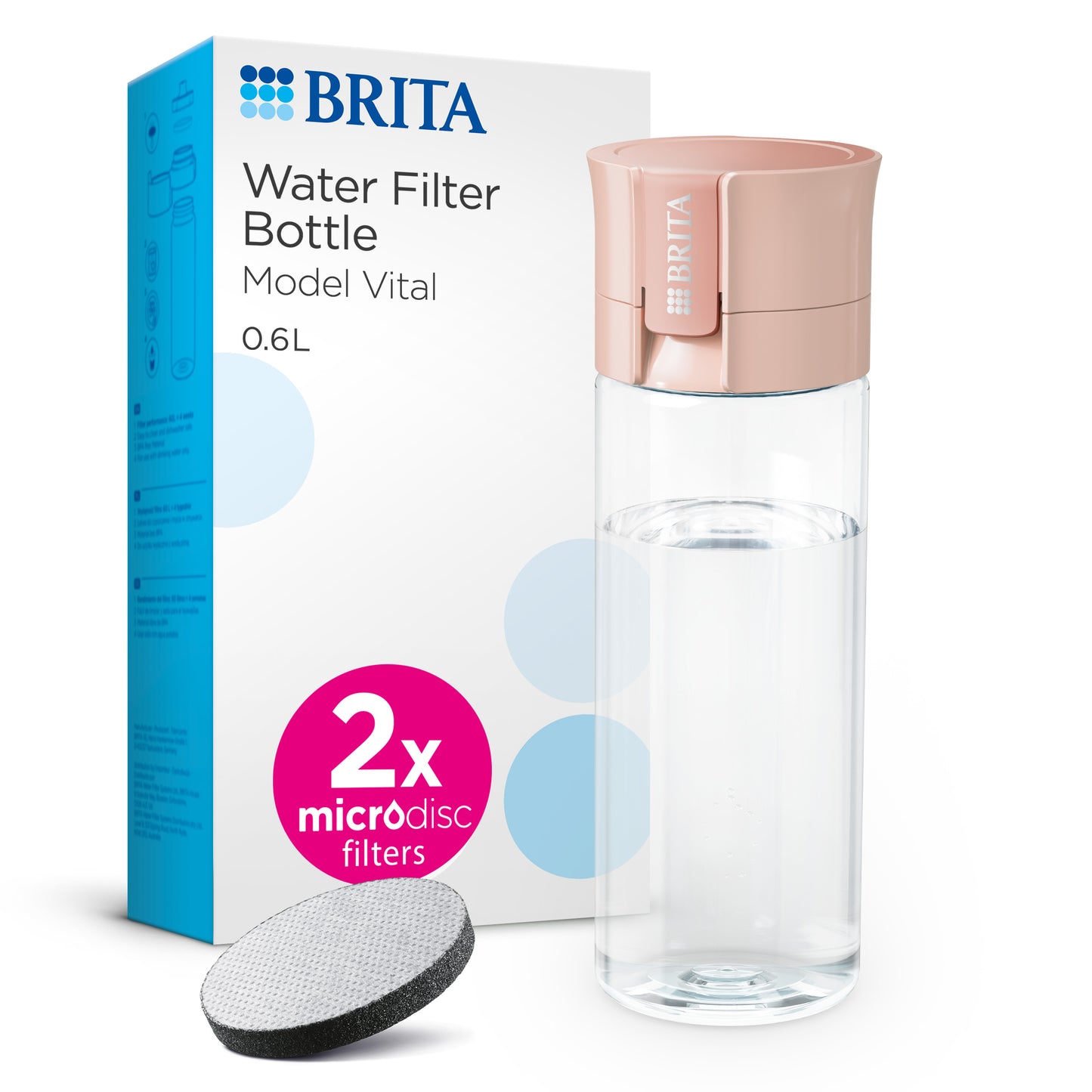 BRITA Water Filter Bottle Model Vital 0.6L in clear plastic, with a apricot cap, shown next to its white and blue retail box, and a round filter disc on a white background.