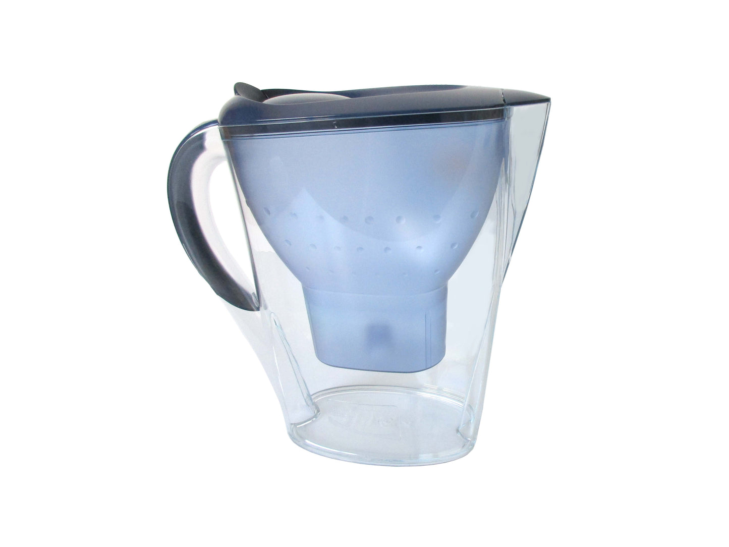 A clear plastic water filter jug with a inner filter cone, and a dark blue lid and handle, isolated on a white background.
