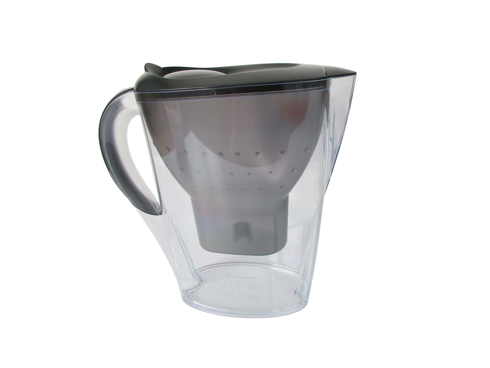 A Brita clear plastic water filter pitcher with a inner filter cone, and dark grey handle and lid, shown on a plain white background.