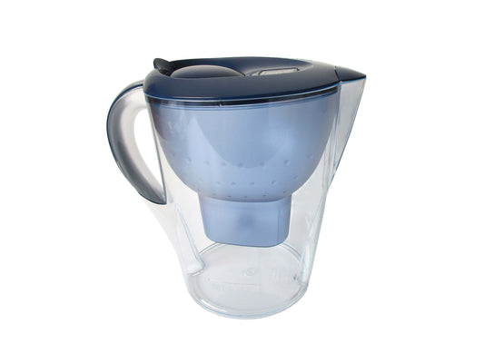 A Brita water filter pitcher with a translucent clear body, and a filter chamber, with a dark blue lid and handle, shown on a plain white background.