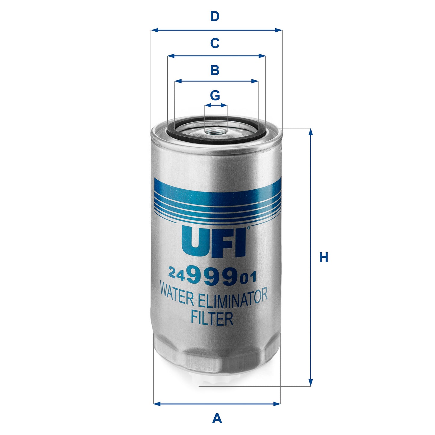 A UFI water eliminator filter with dimension callouts A, B, C, D, G, H, and part number 2499901, shown on a plain white background.