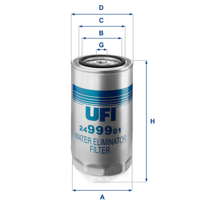 A UFI water eliminator filter with dimension callouts A, B, C, D, G, H, and part number 2499901, shown on a plain white background.