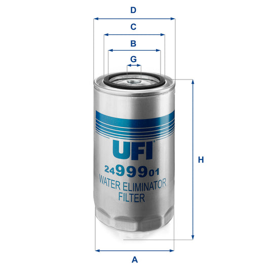 A UFI water eliminator filter with dimension callouts A, B, C, D, G, H, and part number 2499901, shown on a plain white background.