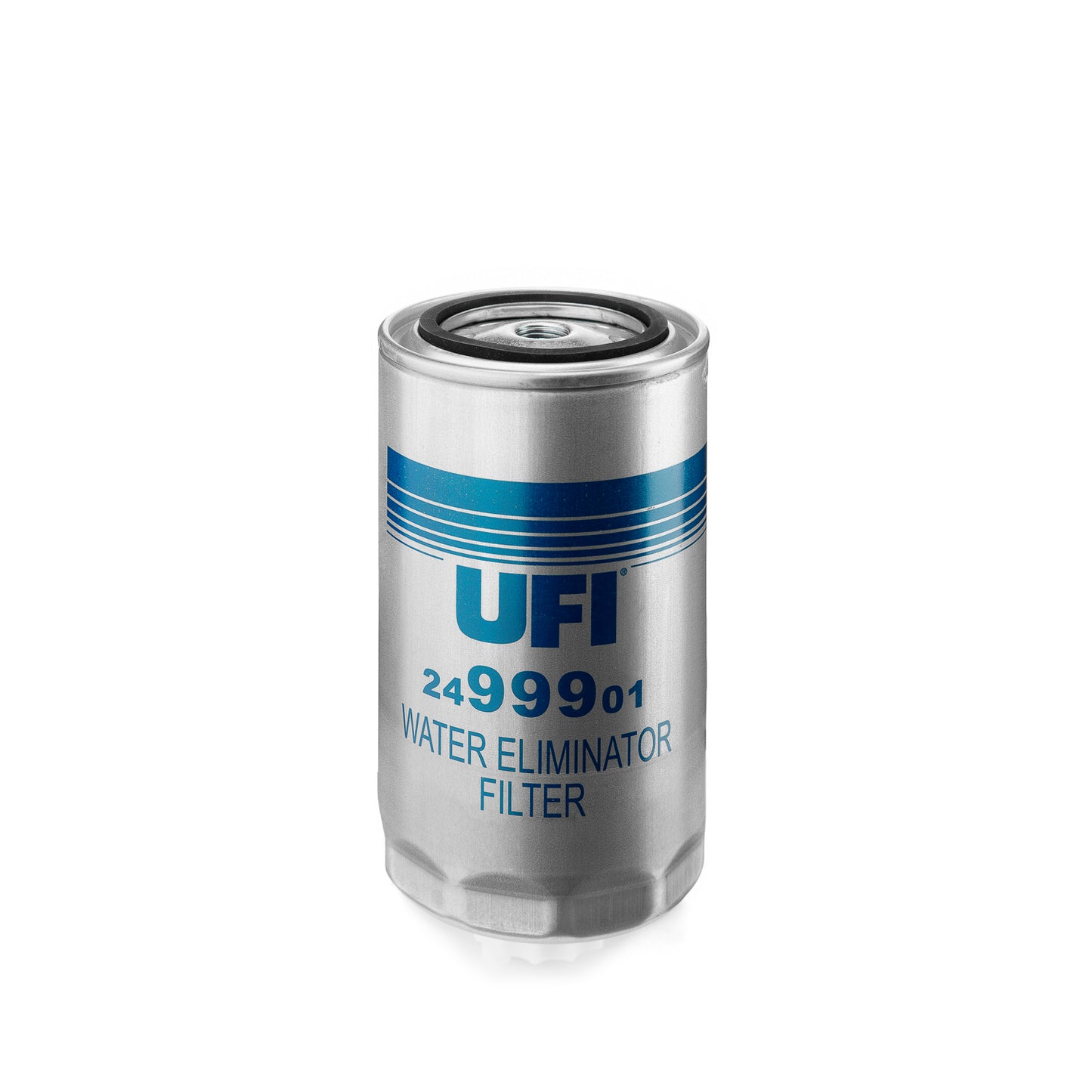 A UFI water eliminator filter, part number 2499901, with a brushed metal finish, displaying blue printed text and stripes, shown on a clean white background.