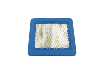 A rectangular automotive air filter with a blue PU frame and a white pleated media, shown on a plain white background.