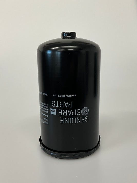 A black Genuine Hatz cylindrical pre Fuel filter, with white printed text, shown on a plain light grey background.