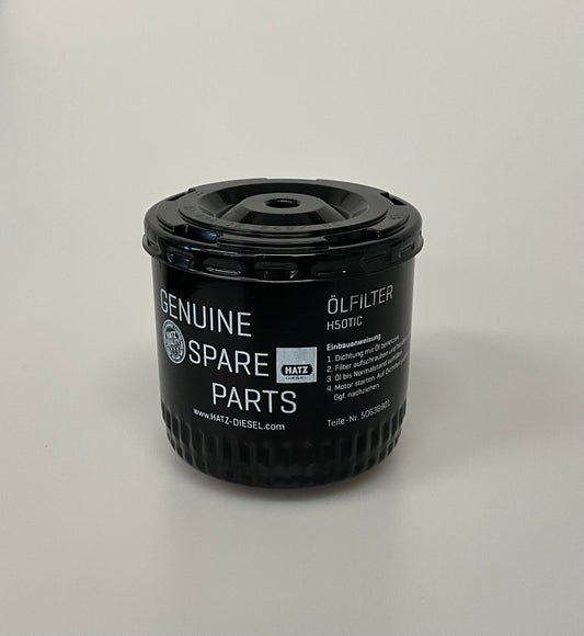 A black genuine hatz oil filter for hatz diesel engines, shown on a neutral light grey background.