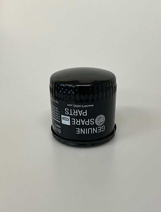 A black Genuine Hatz oil filter on a light grey background.