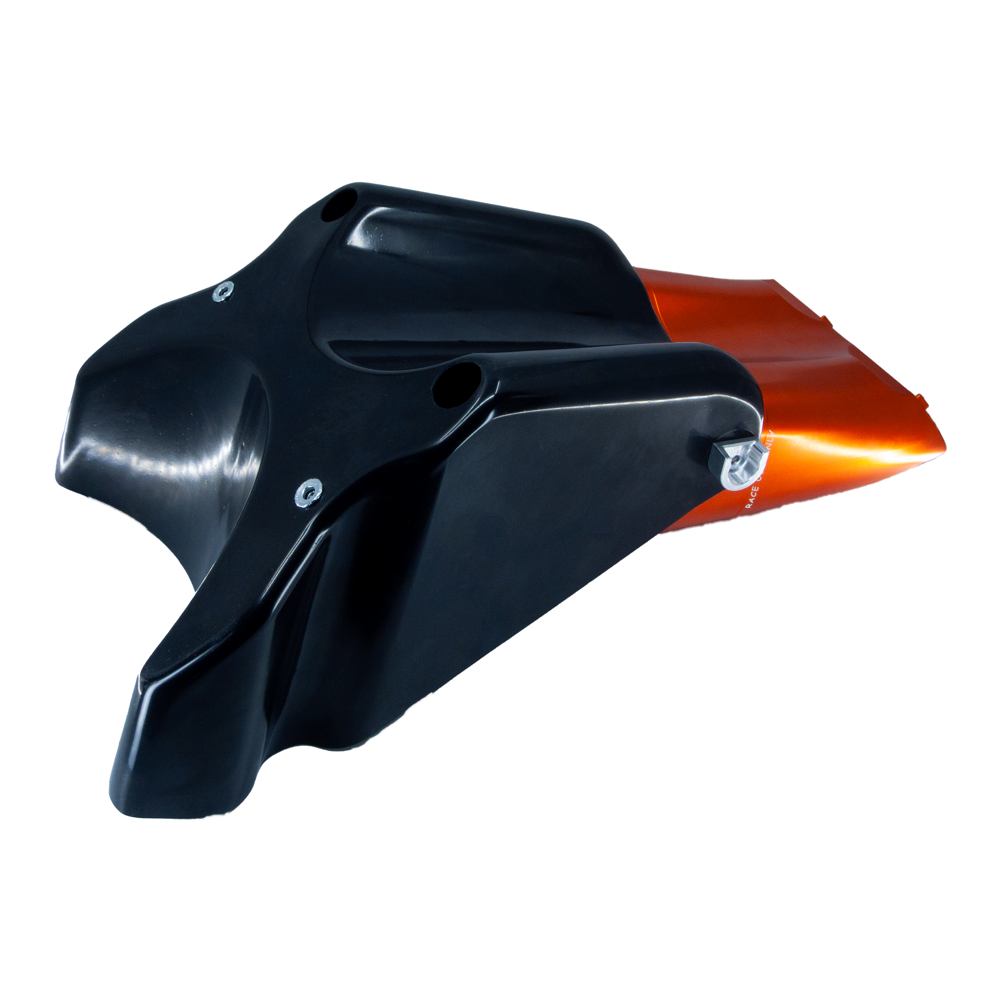 The back of a motorcycle air filter assembly or air box, featuring a metallic orange top section, and a black mounting base, shown on a white background.