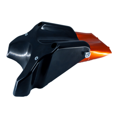 The back of a motorcycle air filter assembly or air box, featuring a metallic orange top section, and a black mounting base, shown on a white background.