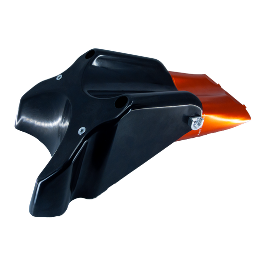 The back of a motorcycle air filter assembly or air box, featuring a metallic orange top section, and a black mounting base, shown on a white background.