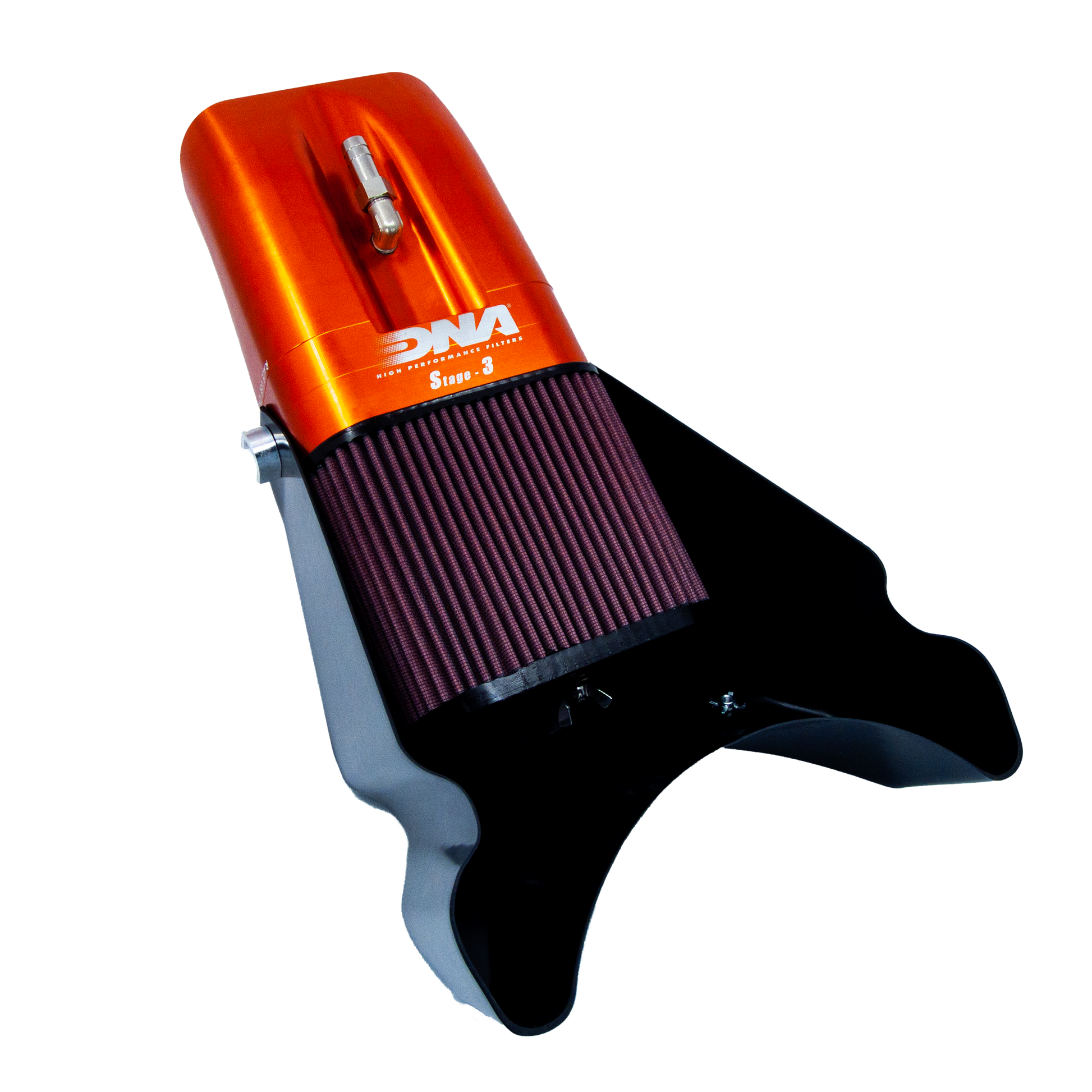 An motorcycle air filter assembly or air box, featuring a metallic orange top section with a grey metal valve and white 'DNA' branding, a dark red pleated filter element, and a black mounting base, shown on a white background.