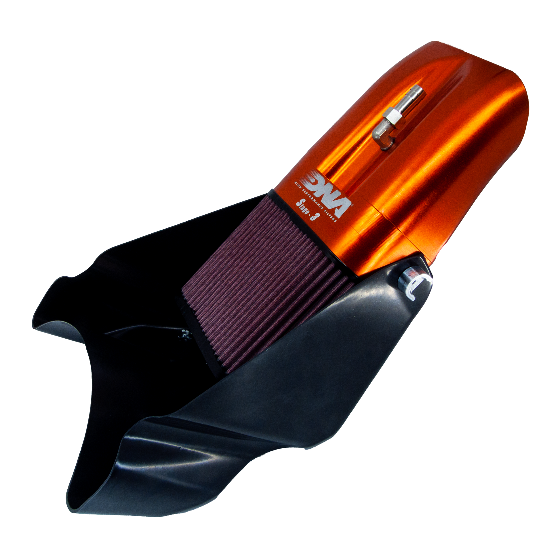 An motorcycle air filter assembly or air box, featuring a metallic orange top section with a grey metal valve and white 'DNA' branding, a dark red pleated filter element, and a black mounting base, shown on a white background.