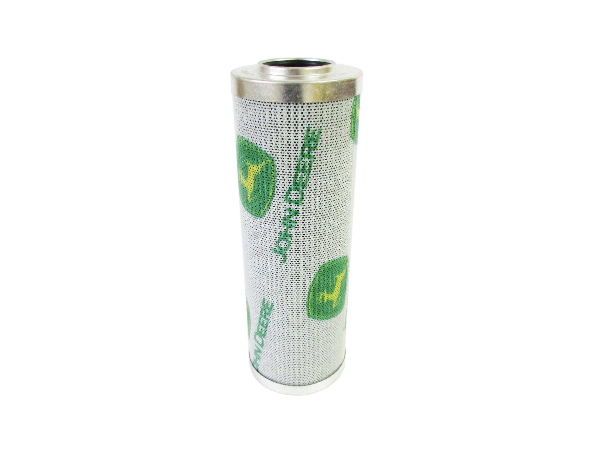 A cylindrical metal filter cartridge with a grey mesh body, featuring green John Deere logos and text, set against a plain white background.
