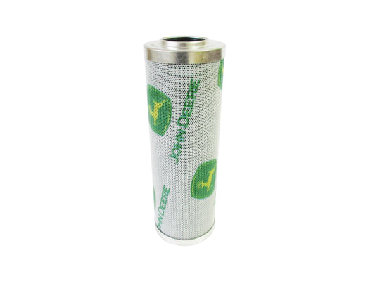 A cylindrical metal filter cartridge with a grey mesh body, featuring green John Deere logos and text, set against a plain white background.