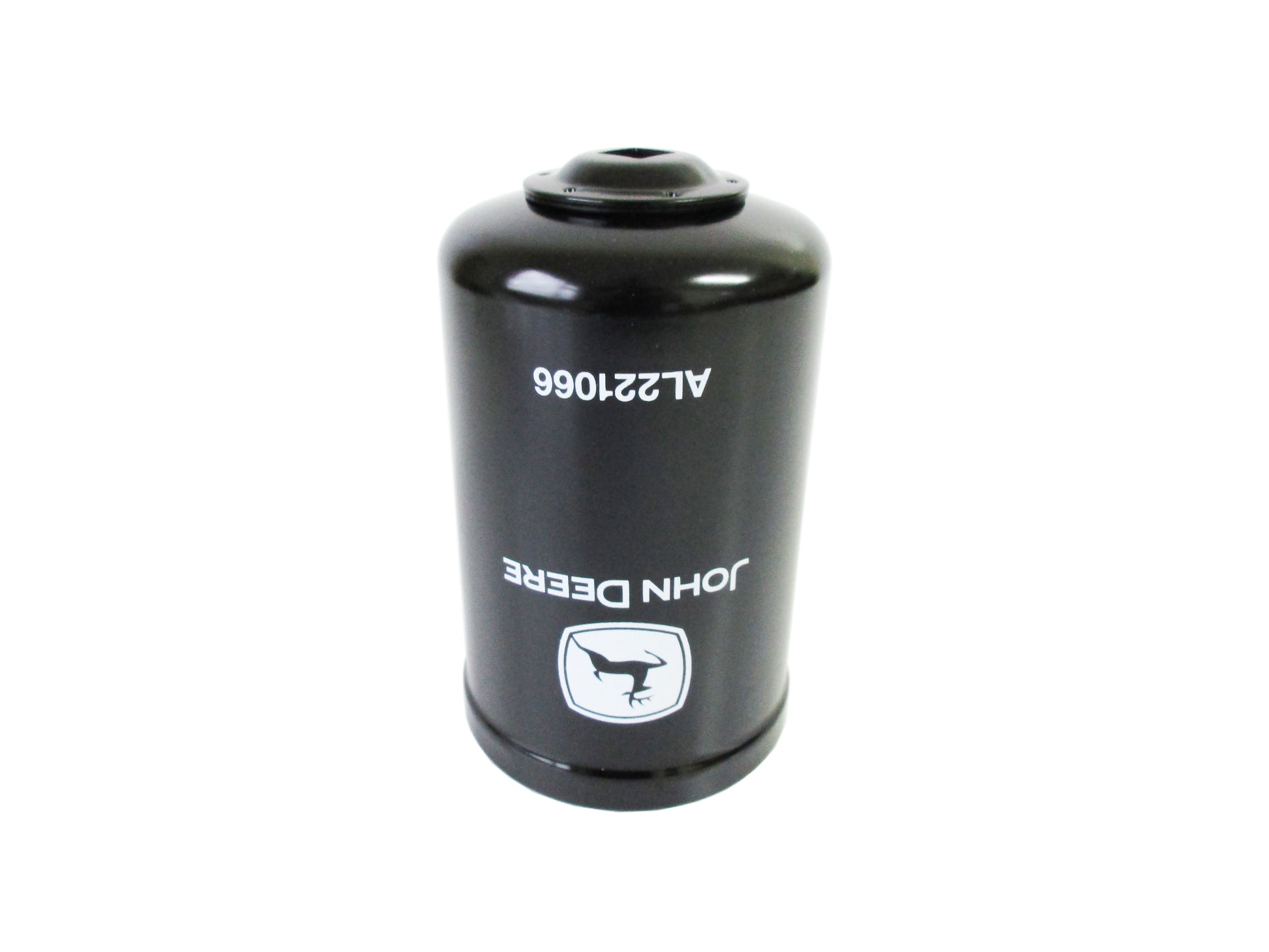 A black John Deere cylindrical filter cartridge, with AL221066 white printed text and logo, shown on a white background.