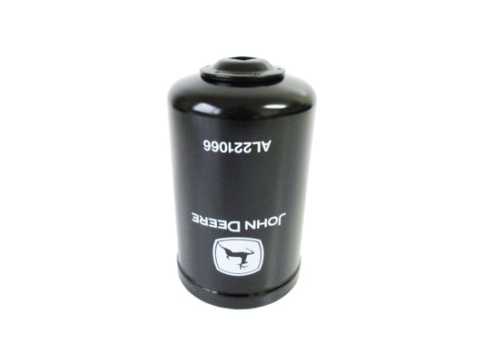 A black John Deere cylindrical filter cartridge, with AL221066 white printed text and logo, shown on a white background.