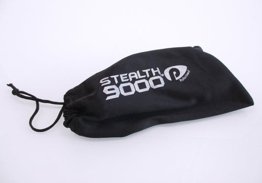 A black drawstring pouch with 'STEALTH 9000' printed in white on the front, photographed on a plain white background.