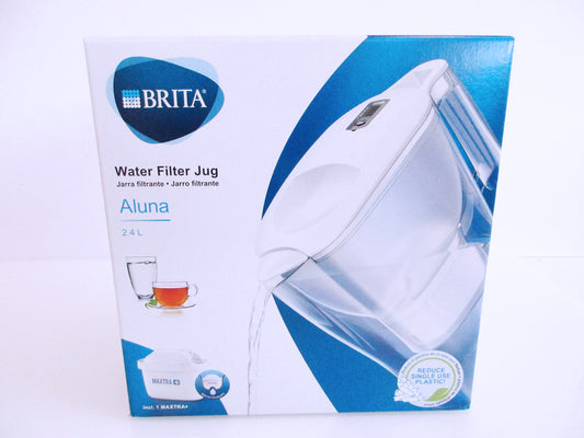Brita Aluna 2.4 L water filter jug packaging box, featuring a white and blue design with an illustration of the clear plastic jug.