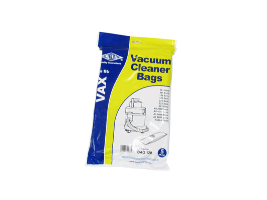 A 5-pack of aftermarket Vax vacuum cleaner bags, packaged in a blue and yellow plastic bag, displaying product number Bag 120, with a white illustration of a vacuum cleaner.