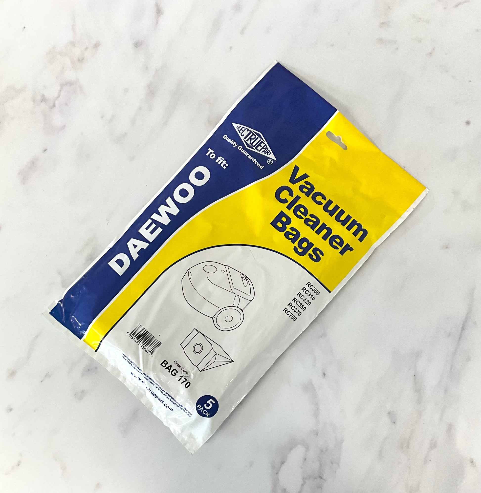 A package of aftermarket Daewoo Vacuum Cleaner Bags, model BAG 170, containing 5 bags. The packaging is yellow and blue with white text and diagrams of vacuum bags.