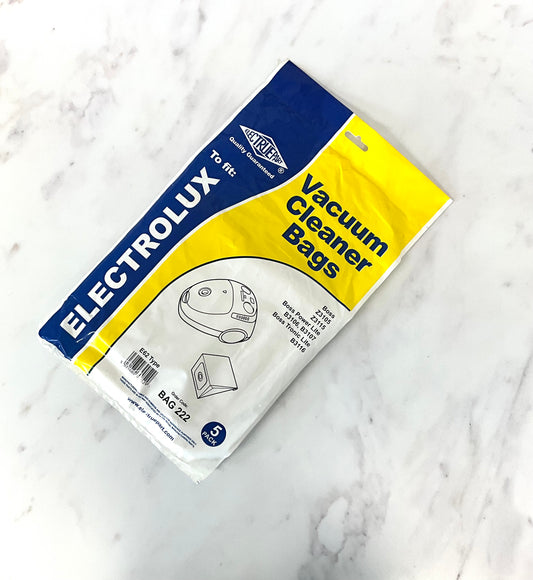 A bag of 5 aftermarket Electrolux vacuum cleaner bags, in a yellow and blue retail package, displaying part number BAG 222, shown on a white marble surface.